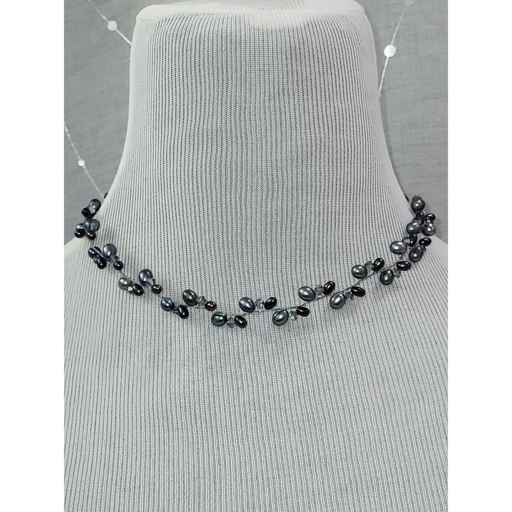 Blue Freshwater Pearl Wire Adjustable Necklace With Blue Iridescent Crystals